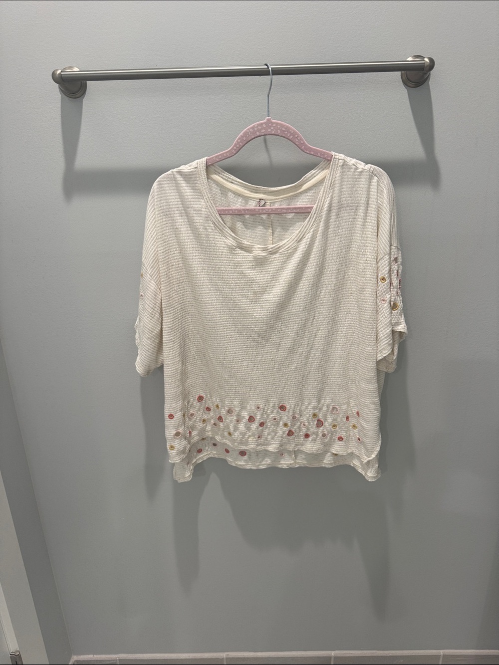Anthropologie Cream Short-Sleeve Eyelet Tee with Pink & Tan Embroidery
